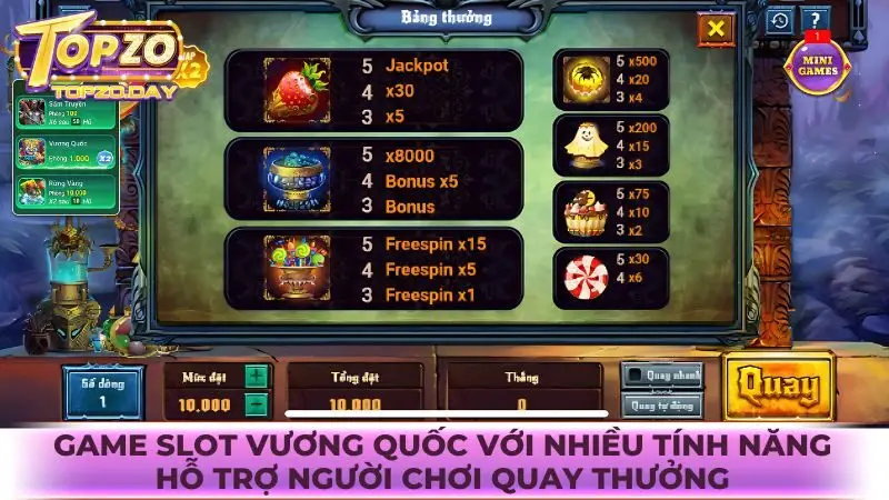 Game Slot Vương Quốc với nhiều tính năng hỗ trợ người chơi quay thưởng