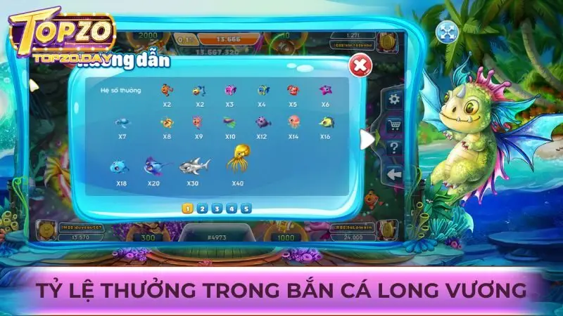 Hệ số thưởng của các sinh vật biển trong bắn cá Long Vương